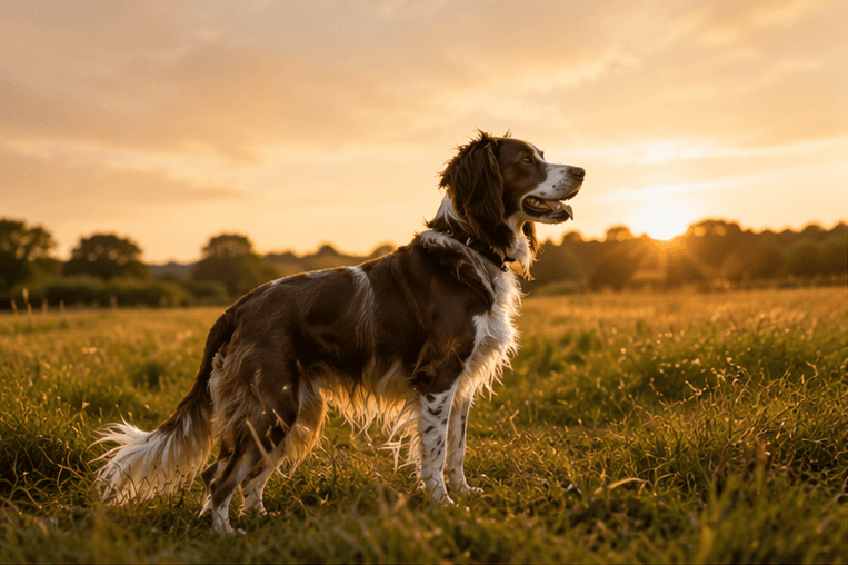 Spaniel standing in a field at golden hour