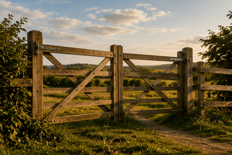 Wooden field gate opening onto countryside hills