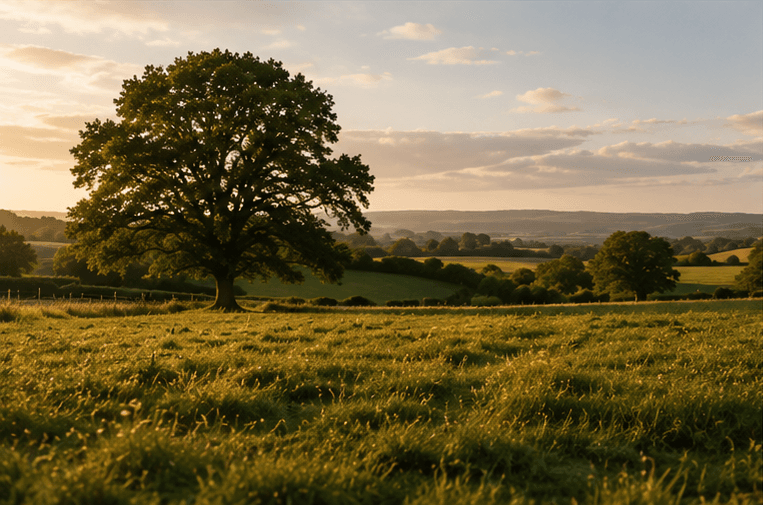 Oak tree and rolling green fields at sunset