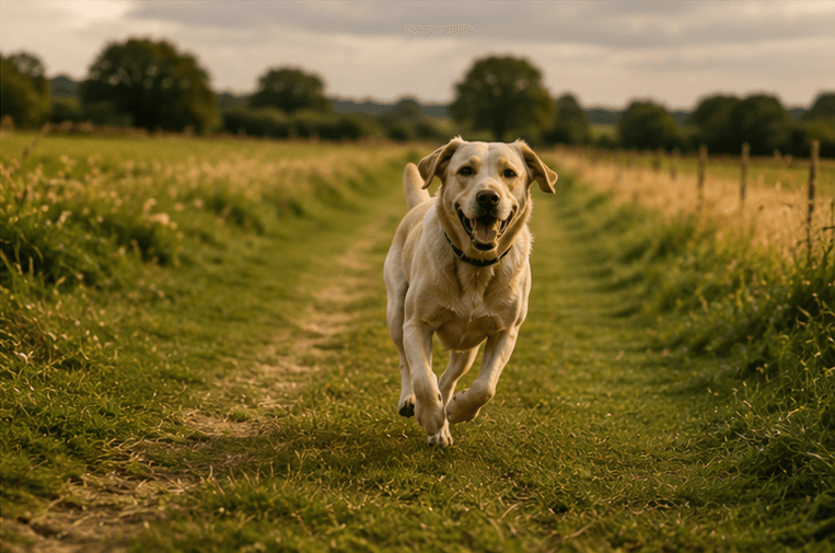 Labrador running along a grassy field path