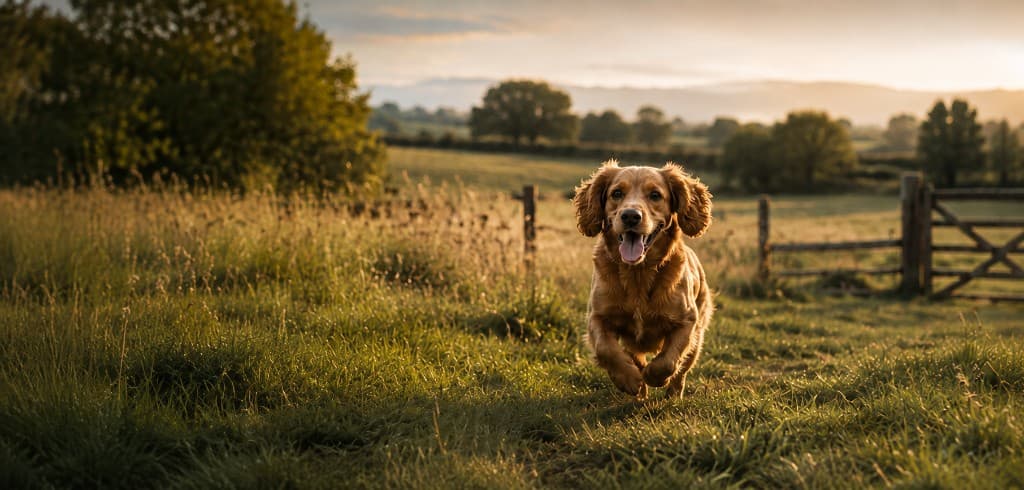 Golden dog running through a sunlit countryside field