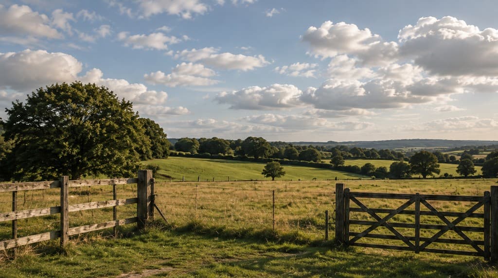 Rolling countryside field with wooden gate and fence at golden hour